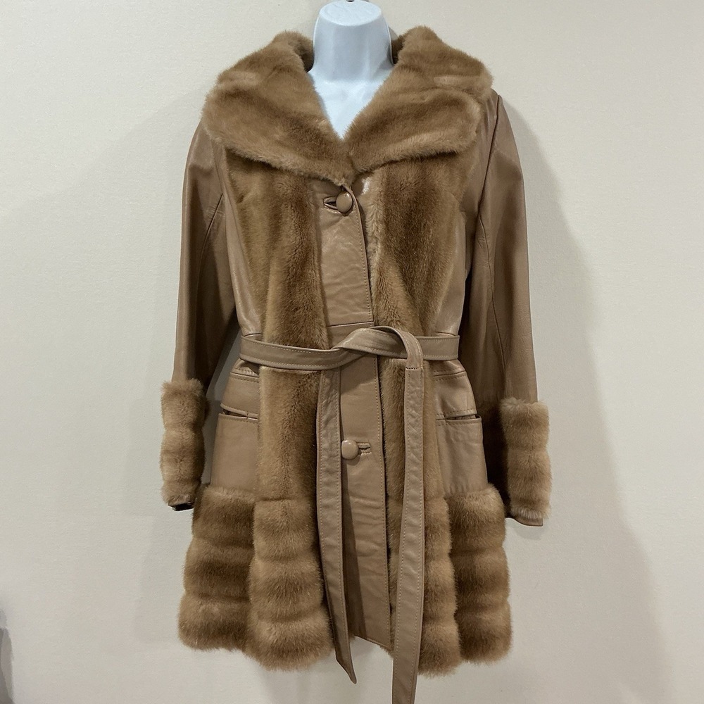 True Vintage 70s Leather Coat Faux Fur Penny Lane Boho Size Medium Belted